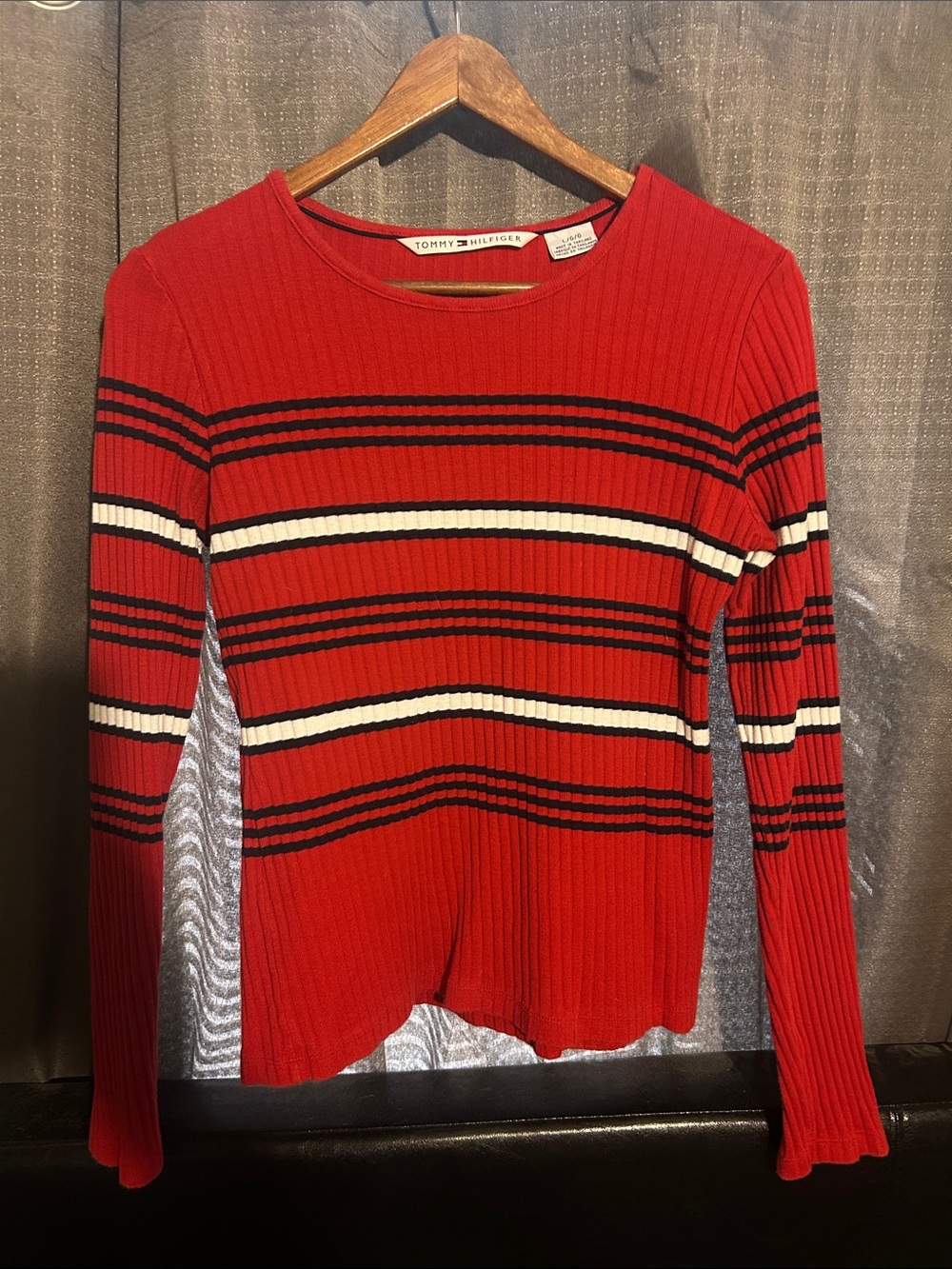 Tommy Hilfiger Red Navy & White Striped Ribbed Sweater Size Large